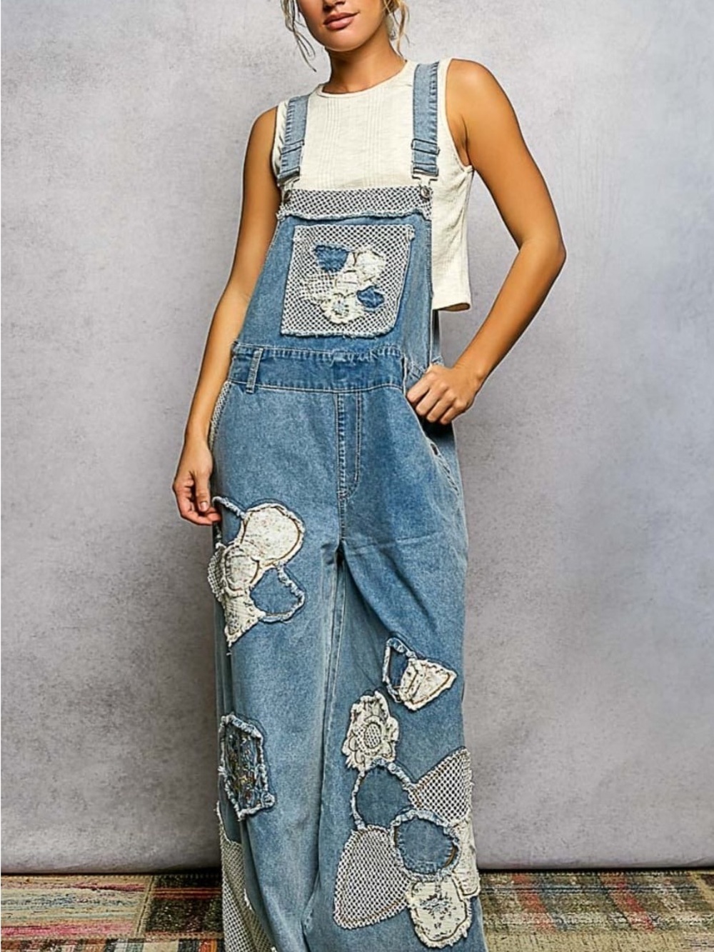 POL. Embroidery Floral Patchwork Buckle Back Woven Denim Overalls. NWT. M and L